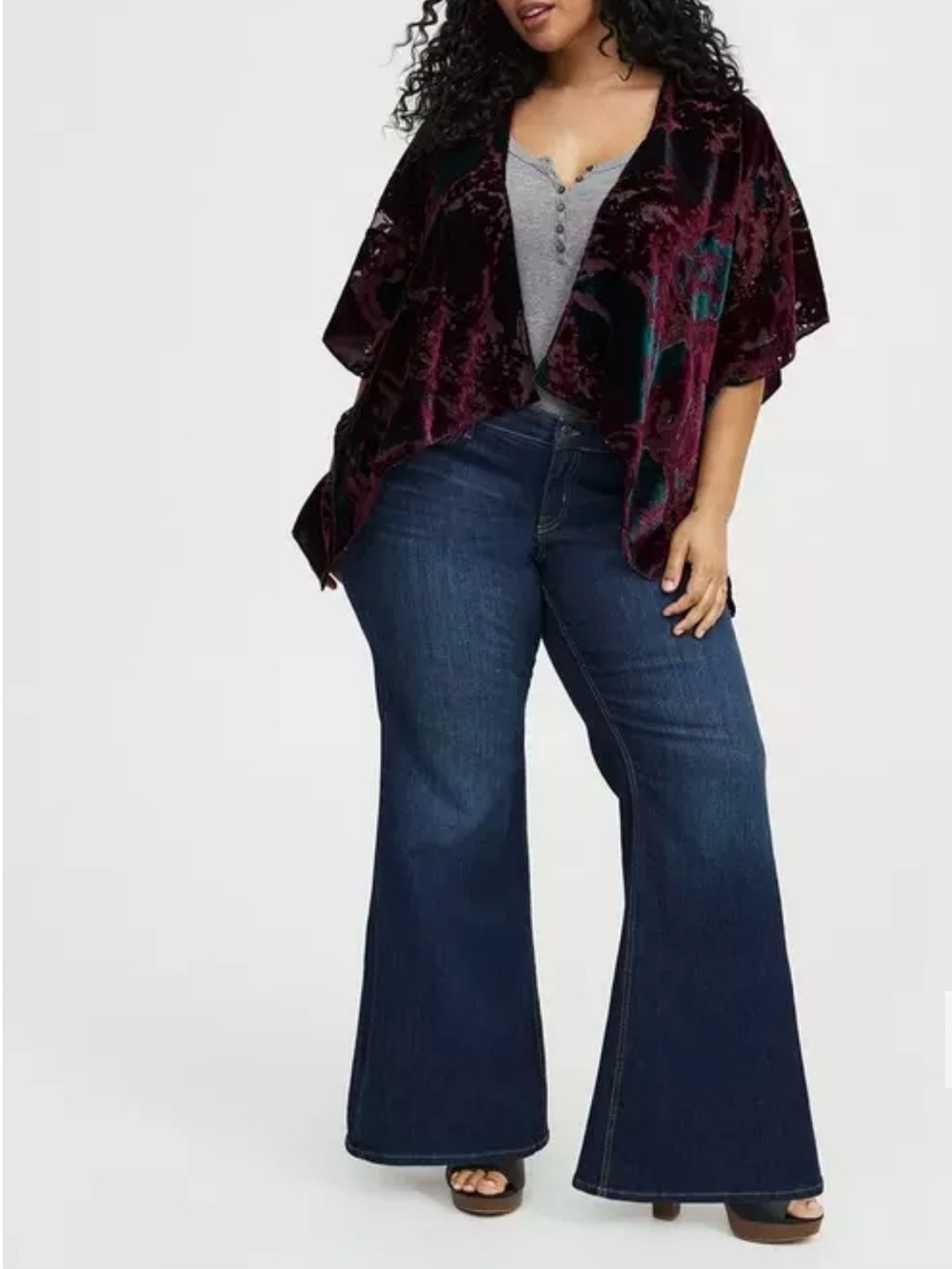 torrid Velvet Burnout Draped Kimono in Deep Wine